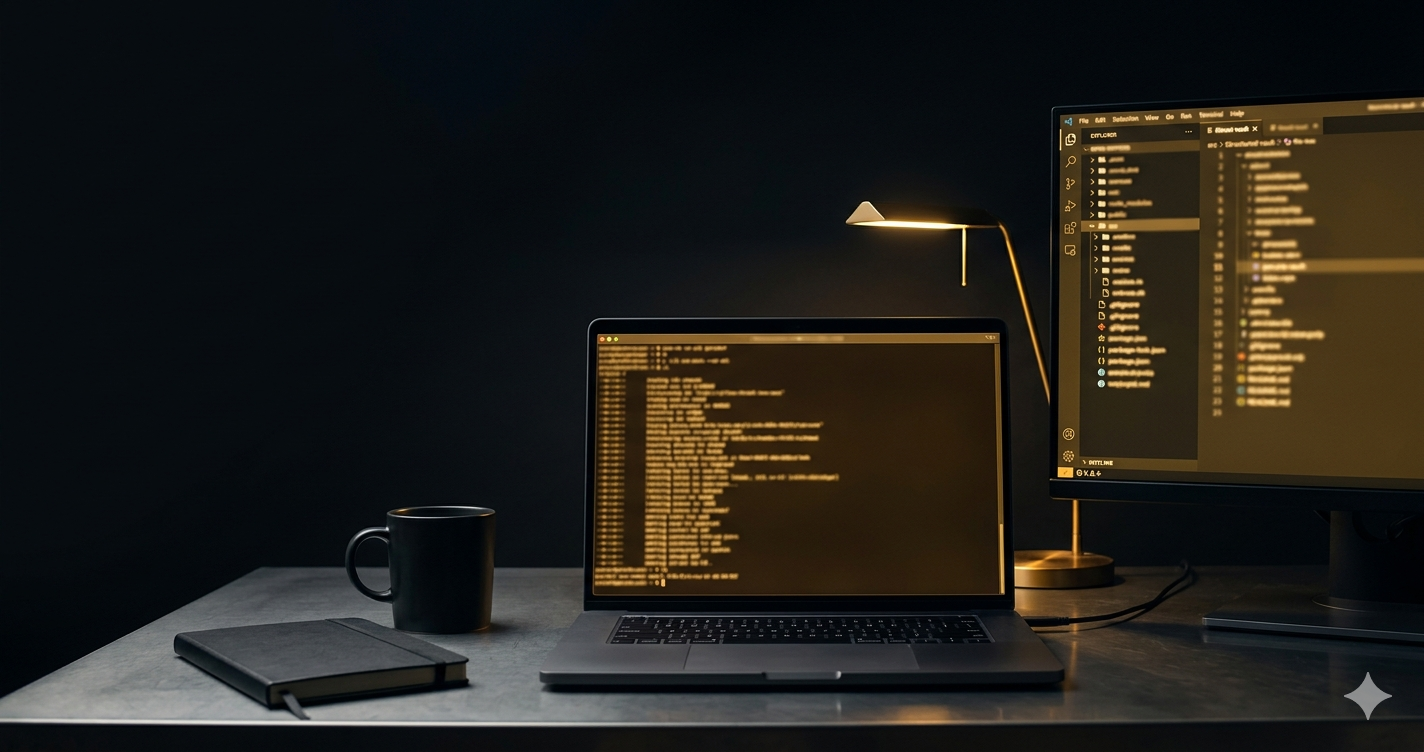 Dark terminal workspace with a laptop, dual monitors showing code, and a gold accent lamp — the operating environment Operator Stack runs in.