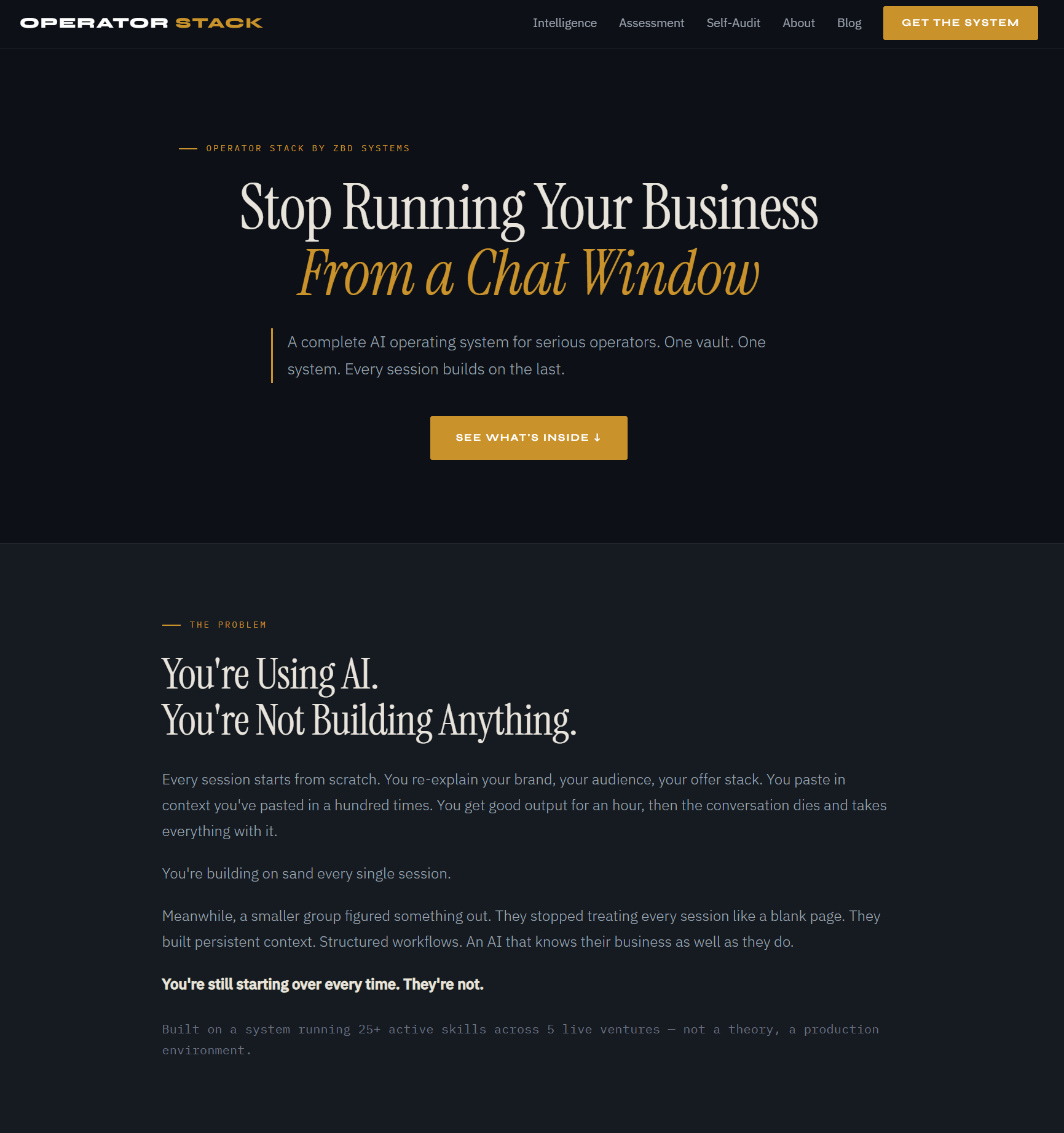 Operator Stack sales page at zbdos.com — Stop Running Your Business From a Chat Window.